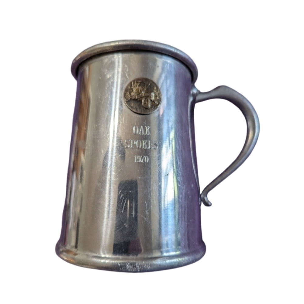 Vintage pewter Oak Spokes 1970 mug with emblem